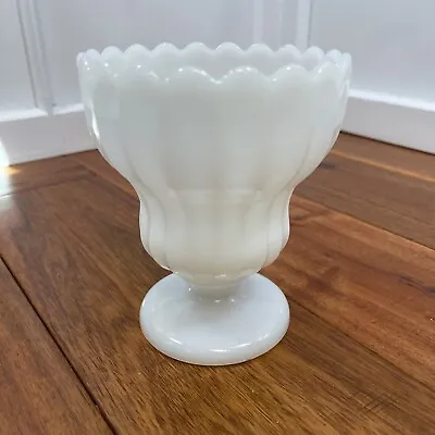 Milk Glass Scalloped Ribbed Pedestal Planter Vase Round Bottom Wedding Vintage • $18.95