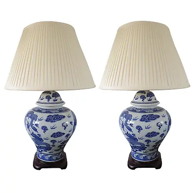 £302 • Buy Pair Of Chinese  Jar Table Lamps With Shades - Blue And White Dragons 69cm