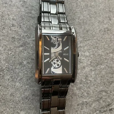 Relic By Fossil Mens Skeleton Dial Rectangle Gunmetal Gray Steel Watch ZR77133 U • $27.95