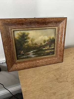 Vintage Oil On Board Framed Painting Of Man Fishing In Stream. Polish Artist • £15