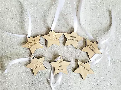 Personalised Wooden Gift Tag Custom Star Message Keepsake Birthday Christmas • £2.30