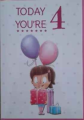 4th Birthday Card Girl - Child 4 Years - Gift And Balloons Theme - Wrapped • £1.60