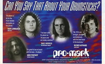 1998 Print Ad Of Pro-Mark Drumsticks W Dave Lombardo Mike Portnoy Paul Wertico • $9.99