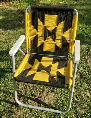 Vintage Mid Century Woven Macrame Aluminum Folding Lawn Chair ~ Patio Furniture • $31.50