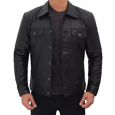 New Men's Black Real Leather Soft Lambskin Trucker Style Full Sleeves Shirt • $118.99