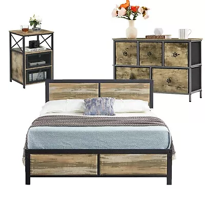 Bedroom Sets Wooden Metal Platform Queen Bed Frames Nightstands Chest Dresser • $307.99