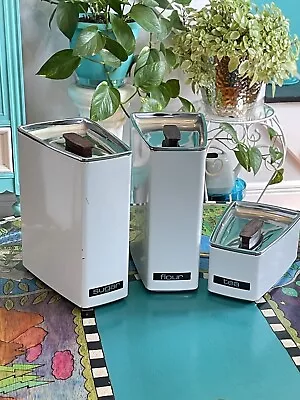 3 Vintage Mcm Lincoln Beauty-ware White Metal Kitchen Canisters Set Chrome Lids • $40