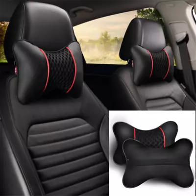 Car Seat Headrest Neck Cushion Pillows For Mercedes-Benz Black Real Leather 2PCS • $17.99