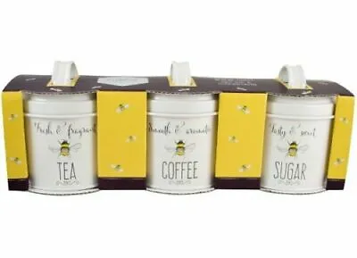 BEE HAPPY Cream TEA COFFEE SUGAR Storage TINS SET Kitchen Canisters • £23.99