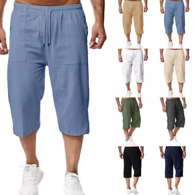 Mens Cotton Linen 3/4 Length Shorts Elastic Waist Casual Drawstring Capri Pants • £10.99