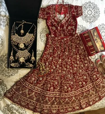 Red Indian Bridal Lengha With Matching Shoes And Jewelry • $400