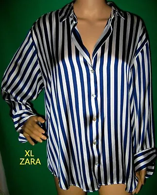 XL Striped ZARA Blue Button Top Blouse Cuff Loose Oversized Nautical • $37.21