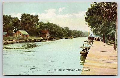 Monroe Piers Michigan~Boats Along Canal Boardwalk~Cabins & Homes~1908 Rotograph • $9