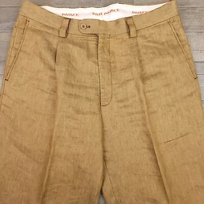 Insearch Linen Pants Mens 36X33 Brown Pleated Cuffed Trousers Casual Resort • $28.95