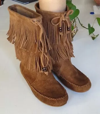 Minnetonka Womens Ankle Boots Moccasins Sz 9.5 Double Fringe Lace Up Brown • $24.99