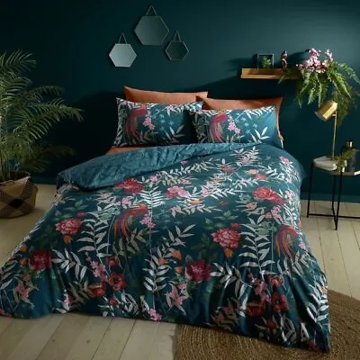 Catherine Lansfield Green Teal Tropical Floral Birds Exotic Duvet Cover Set • $19.90