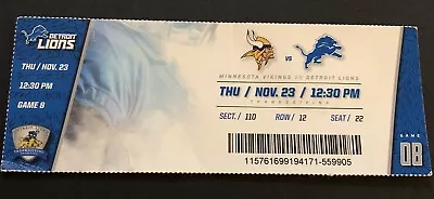 2017 Minnesota Vikings V Detroit Lions Football Ticket Thanksgiving Game • $9.95