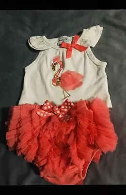 Mud Pie Baby Flamingo Embroidered Two Piece Set Size 6-9 Months • $23.99