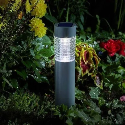 Large Solar Bollard Light 10 Lumen Stainless Steel Garden Patio Path Stake • £15.49