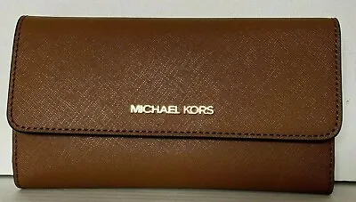 Michael Kors Jet Set Large Trifold Wallet Brown Leather 35S8GTVF7L Luggage $298 • $69.99