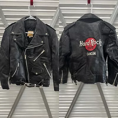 Vintage Cow Leather 70s HARD ROCK CAFE CANCUN Red Circle Motorcycle Biker Jacket • $99.99