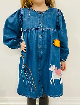 New Girls Button Through Blue Denim Dress Applique Unicorn Rrp £25 Ex High St • £12.99