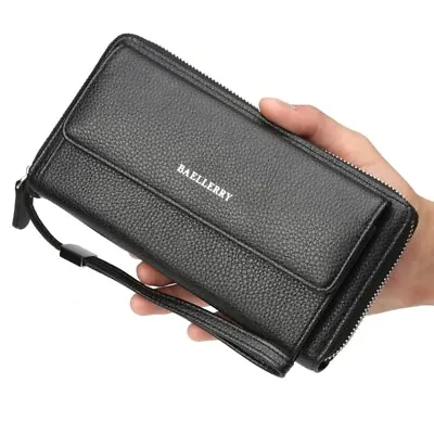 Mens Long Zipper Leather Wallet Phone Business Bag Card Checkbook Clutch Handbag • $12.83