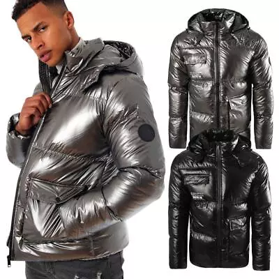 Mens Puffer Jacket Hooded High Shine Warm Winter Zip Long Sleeve Coat Size S-2XL • £41.99