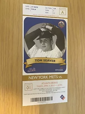 New York Mets Vs Atlanta Braves Unused Opening Day Season Ticket 2012 - Seaver • $14.99