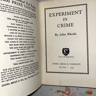 John Rhode AKA Miles Burton - Experiment In Crime  - 1947 - Rare • $149.99