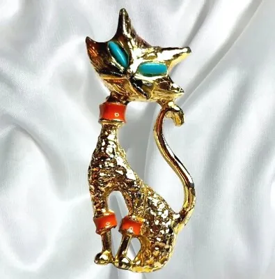 $25 • Buy Vintage Gerry Cat Brooch Pin Siamese Gold With Stone Eyes Enamel Collar 