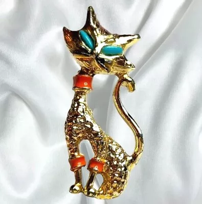 $25 • Buy Vintage Gerry Cat Brooch Pin Siamese Gold With Stone Eyes Enamel Collar 