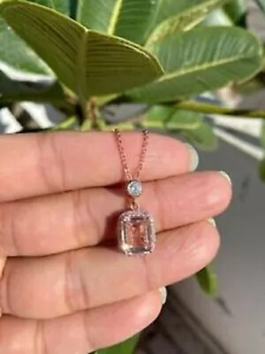 2.50Ct Emerald Cut Morganite Diamond Halo Pendant 14K Rose Gold Over Free Chain • $50.40