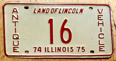 1974 1975 Illinois Antique Vehicle Auto License Plate   16   Low Number 2 Digit • $64.99