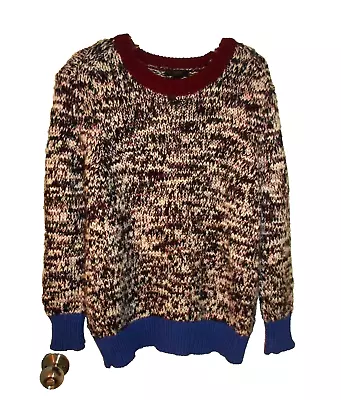 J. CREW Sz LARGE Marled Knit Colorblock Crew Sweater Wool Blend Blk/Wh/Blu/Burg • $22