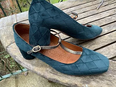Chie Mihara Green Quilted Velvet Leather Vintage Deco Heel Mary Jane Shoes 40 7 • £119