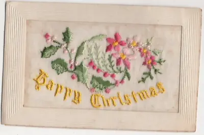 WW1 Embroidered Silk Postcard Happy Christmas Holly Flowers 1914-1918 Military • £4