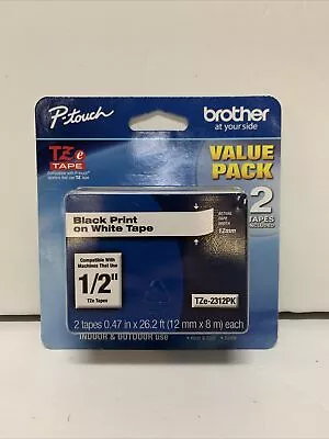 P-touch Brother TZe-2312PK Label Tape 1/2” Black Print On White 2 PK #711 • $14