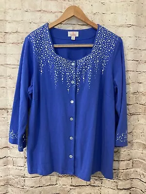 Quaker Factory Shirt Womens 2X Blue Beaded Button Front Stretch Plus Cotton • $28.49