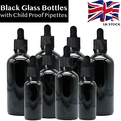 BLACK Glass Dropper Bottle With CHILD PROOF Pipette Eye Drop For Oils Medicine • £2.90