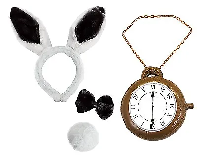 White Rabbit Headband Ears Tail Bow Tie With CLOCK Fancy Dress Set Wonderland • £6.99