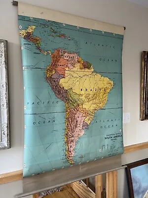 South America 1950 School Pull Down Wall Map - Weber Costello - On Canvas Roll • $395