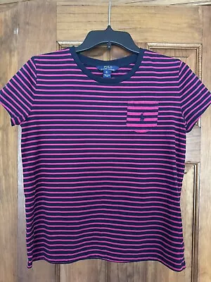 POLO RALPH LAUREN GIRLS Navy/Fuschia Striped Pocket Short Sleeve Shirt Sz XL(16) • $13