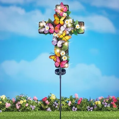 Solar Powered Lighted Butterfly Floral Memorial Cross Cemetery Garden Stake • $26.99