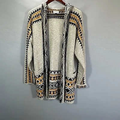 Lucky Brand Cardigan Sweater Women's Medium Hooded Long Open Tribal Print Aztec • $37.49