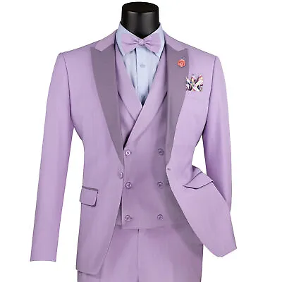 VINCI Men's Lavender 3-Piece Slim-Fit Tuxedo Suit W/ Bow-Tie - NEW • $155