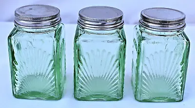 Vintage - Set Of 3 - KITCHEN - GREEN GLASS SPICE JARS - 3  • $26.95