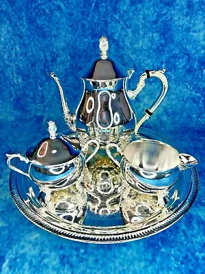 Vintage 4 Piece Silver Plated Tea Set - Tray Teapot Sugar Bowl Milk Jug • £69.99