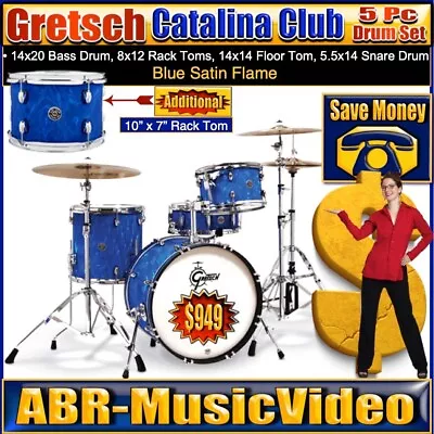 Gretsch Catalina Club 5 Piece (20/10/12/14/14SN) Blue Satin Flame CT1-J404-BSF • $1761.19