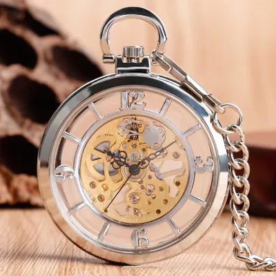 Retro Hand-winding Mechanical Pocket Watch Silver Open Face Transparent Skeleton • £15.32